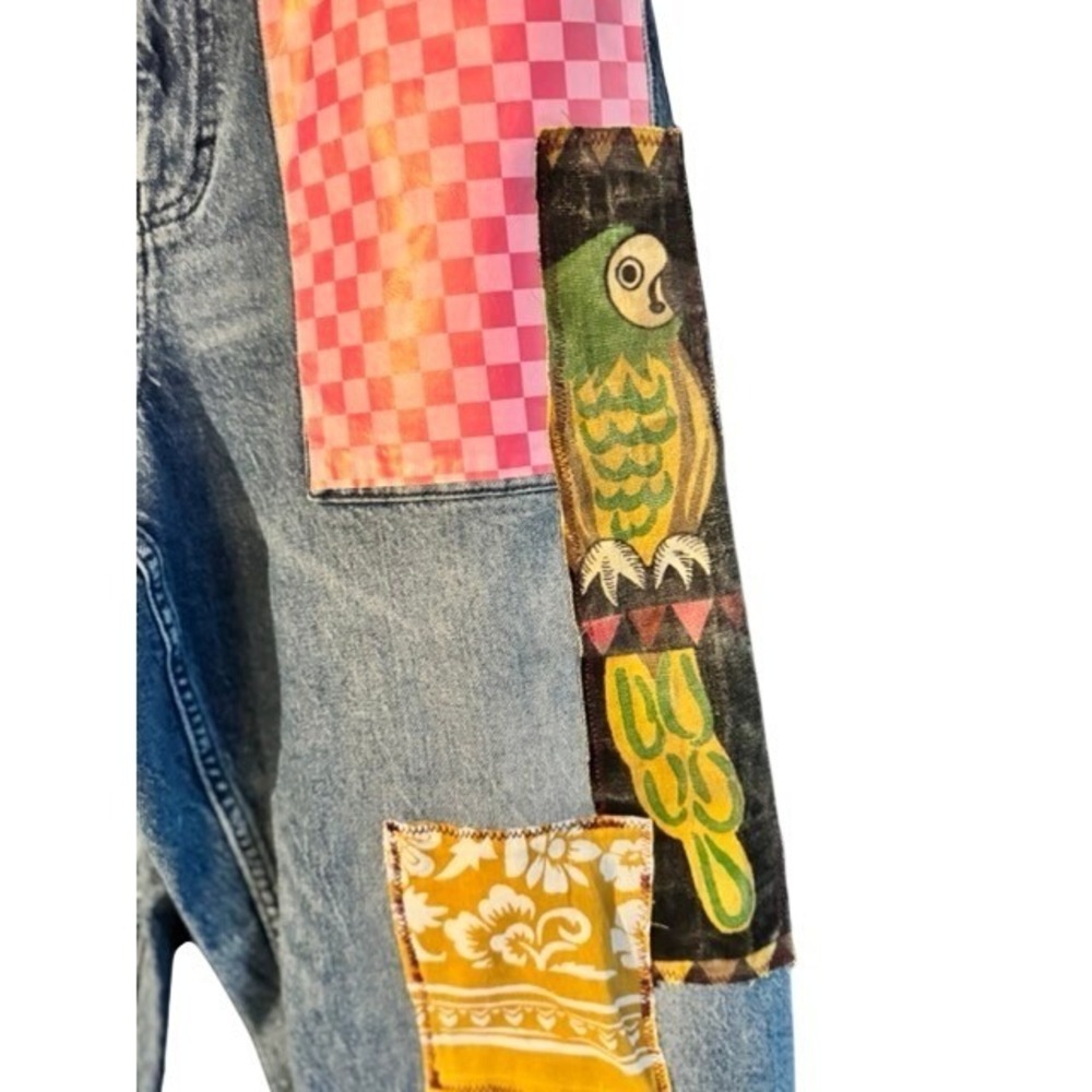 Unique upcycled Bird Patchwork Straight Leg Jeans Eclectic Boho Denim 14/32 - Picture 3 of 14